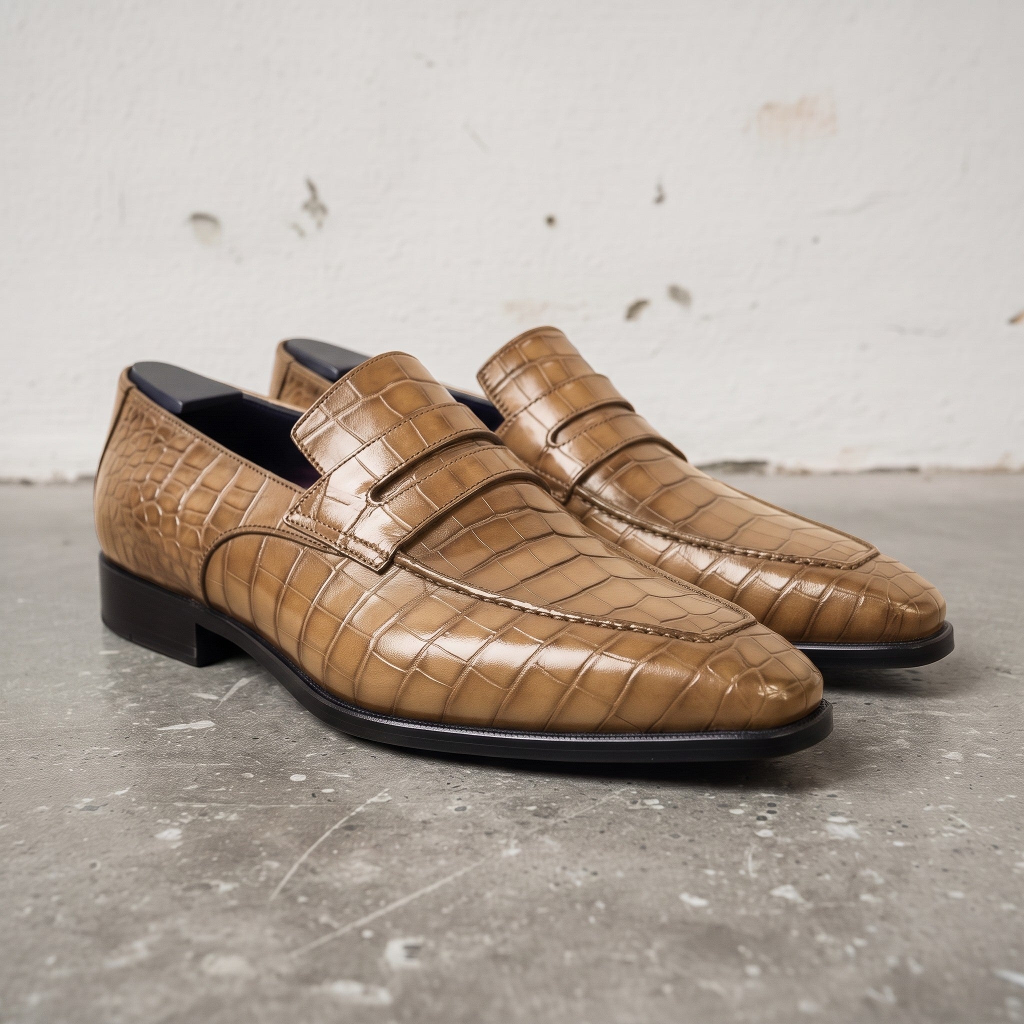 Men's Tan Crocodile-Embossed Leather Penny Loafers — Harcourt