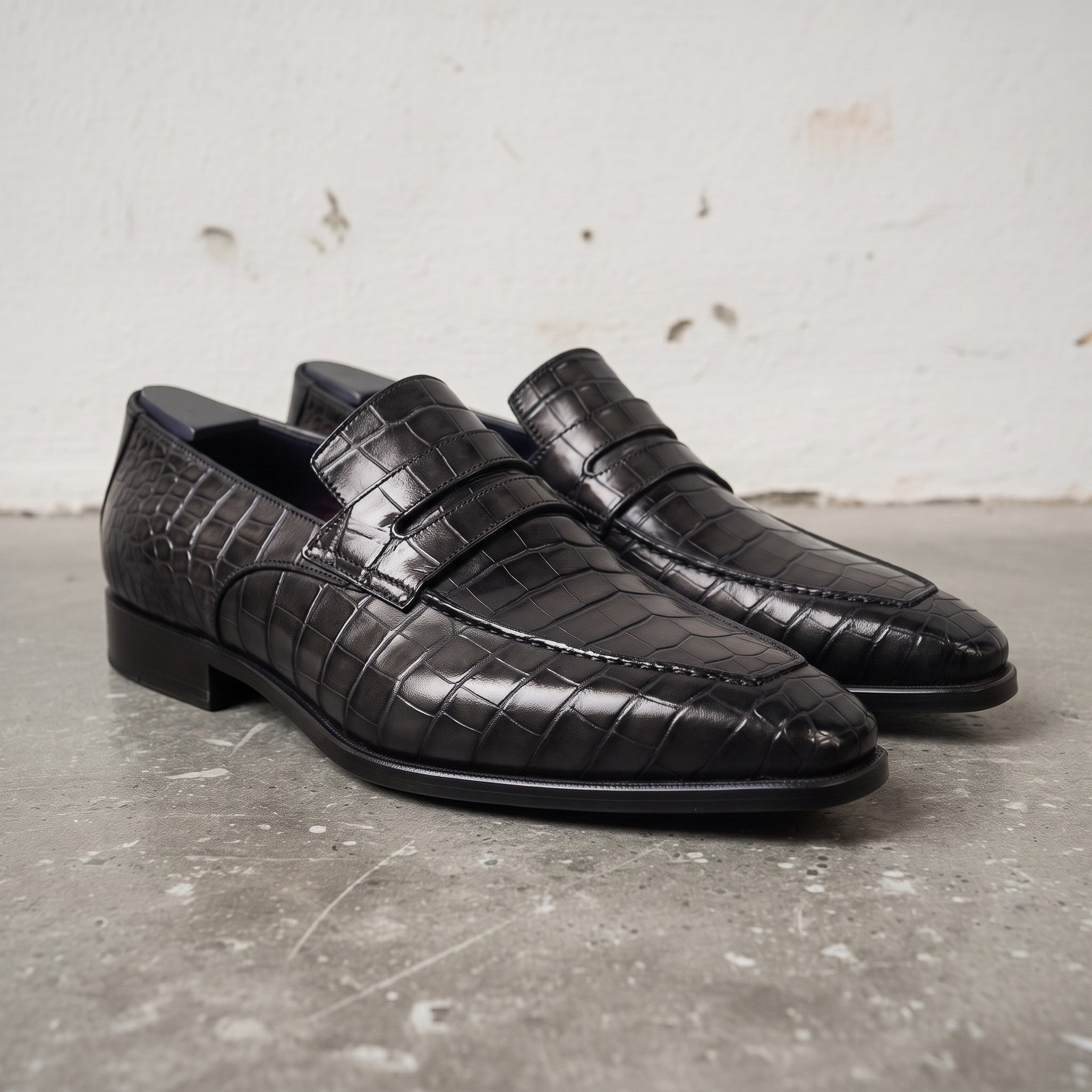 Men's Black Crocodile-Embossed Leather Penny Loafers — Harcourt