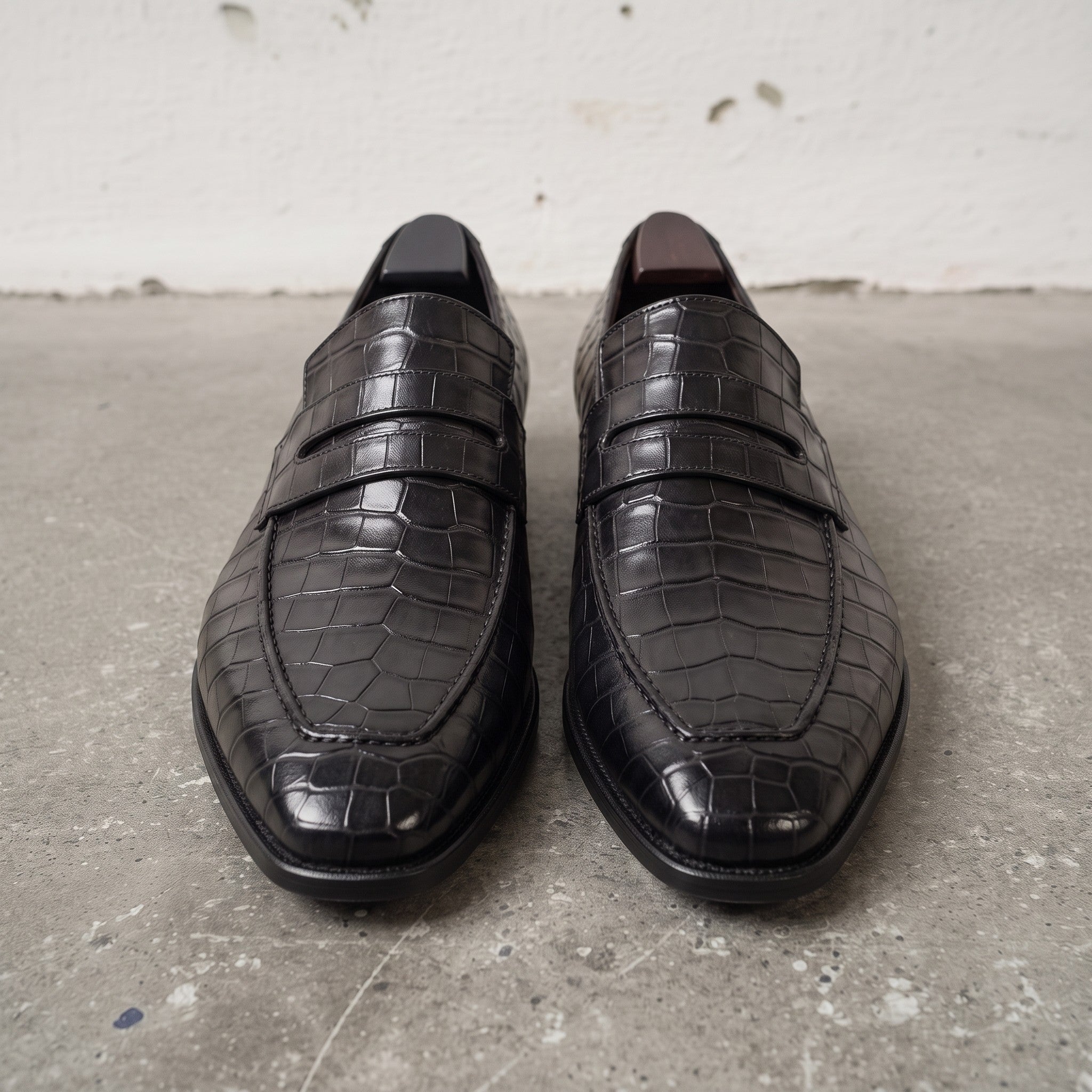 Men's Black Crocodile-Embossed Leather Penny Loafers — Harcourt