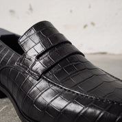 Men's Black Crocodile-Embossed Leather Penny Loafers — Harcourt