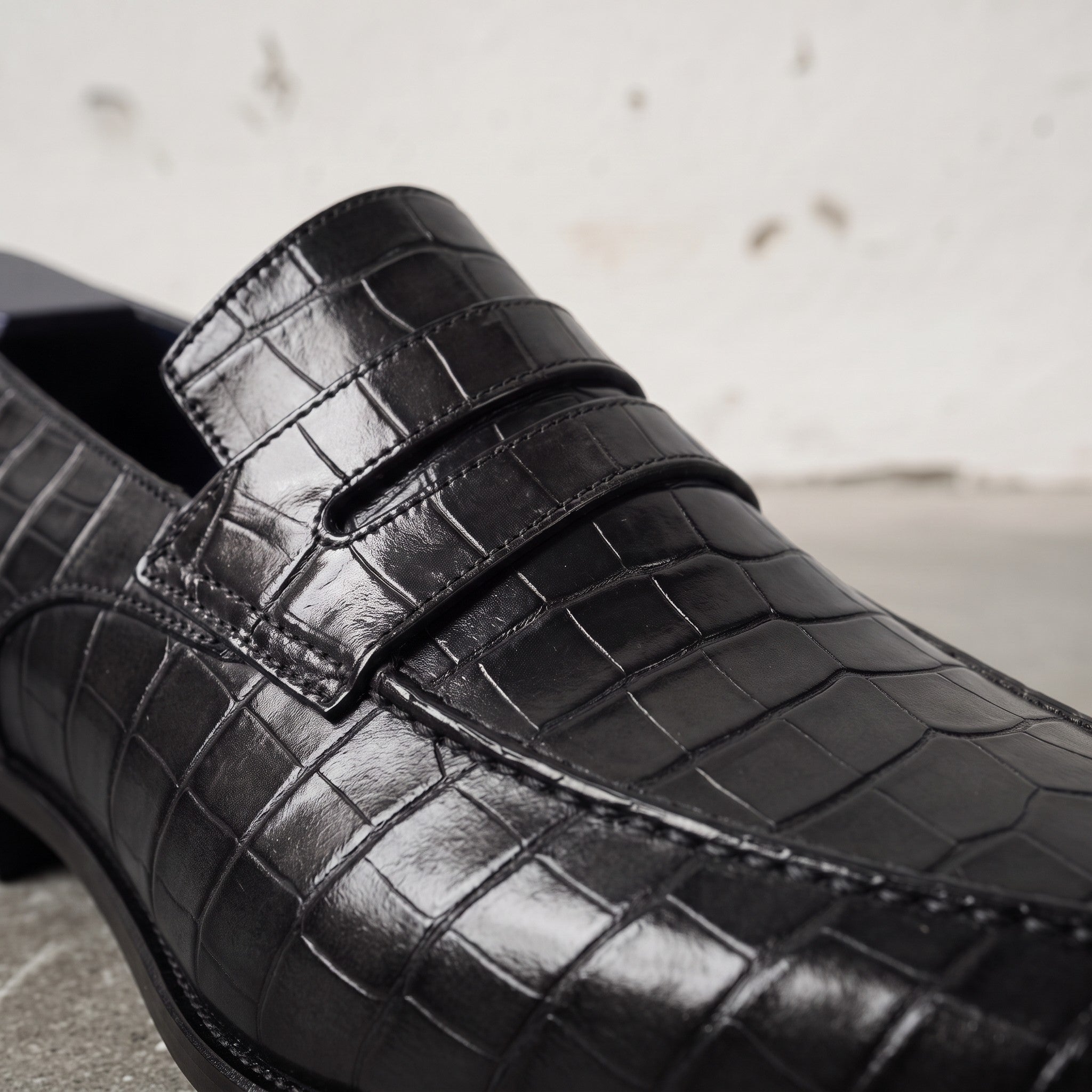 Men's Black Crocodile-Embossed Leather Penny Loafers — Harcourt