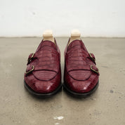 Men's Burgundy Apron-Toe Crocodile-Embossed Leather Double Monk Loafers — Gateley
