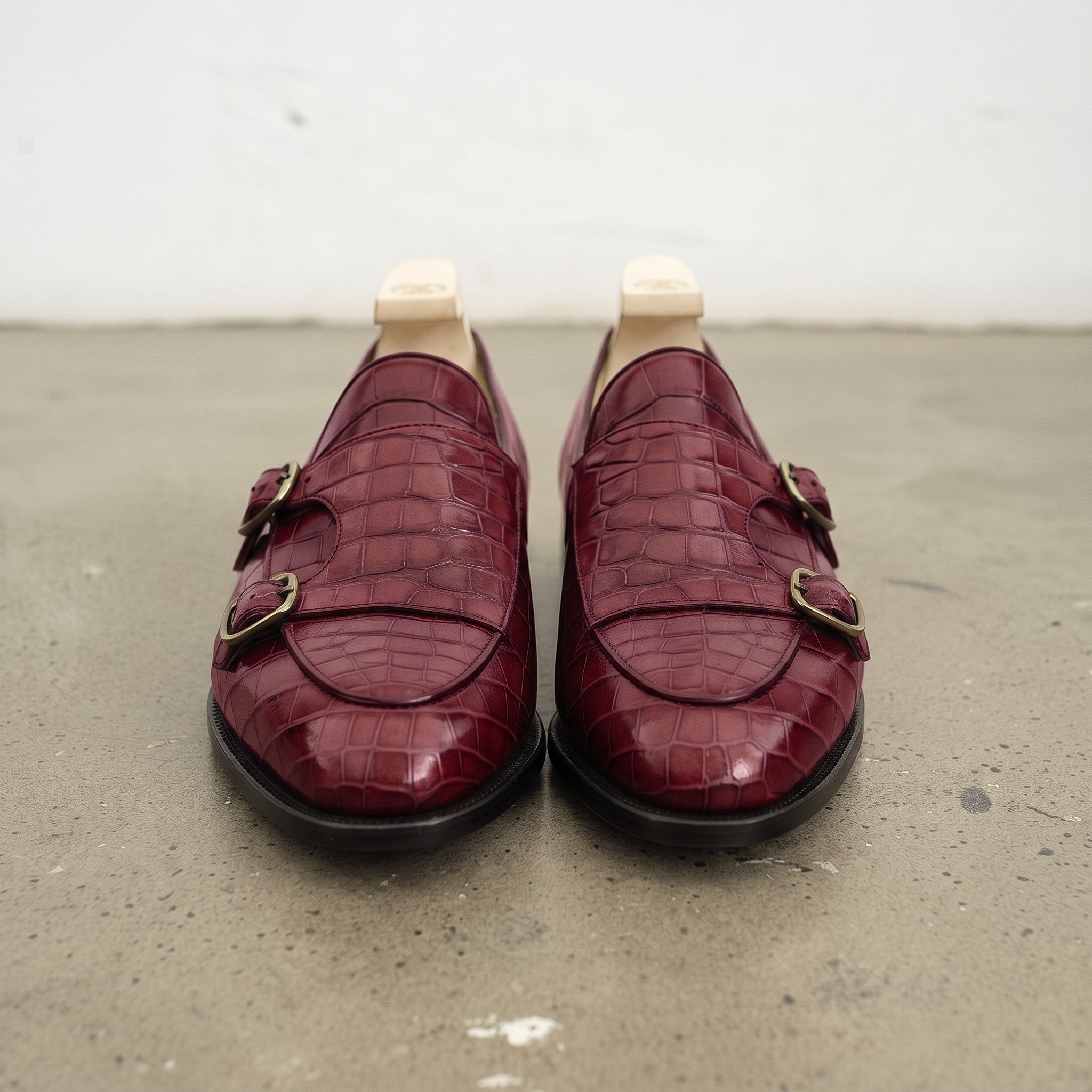 Men's Burgundy Apron-Toe Crocodile-Embossed Leather Double Monk Loafers — Gateley