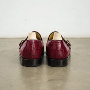 Men's Burgundy Apron-Toe Crocodile-Embossed Leather Double Monk Loafers — Gateley