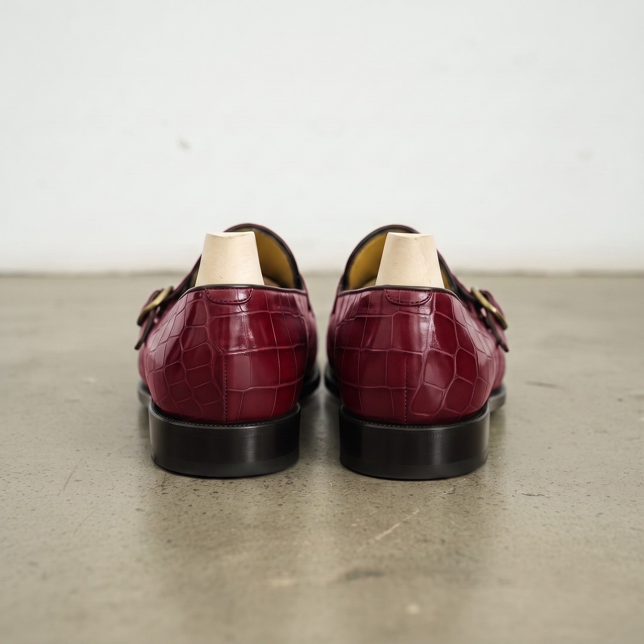 Men's Burgundy Apron-Toe Crocodile-Embossed Leather Double Monk Loafers — Gateley