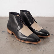 Men's Black and Beige Cap-Toe Leather Derby Boots — Fulton