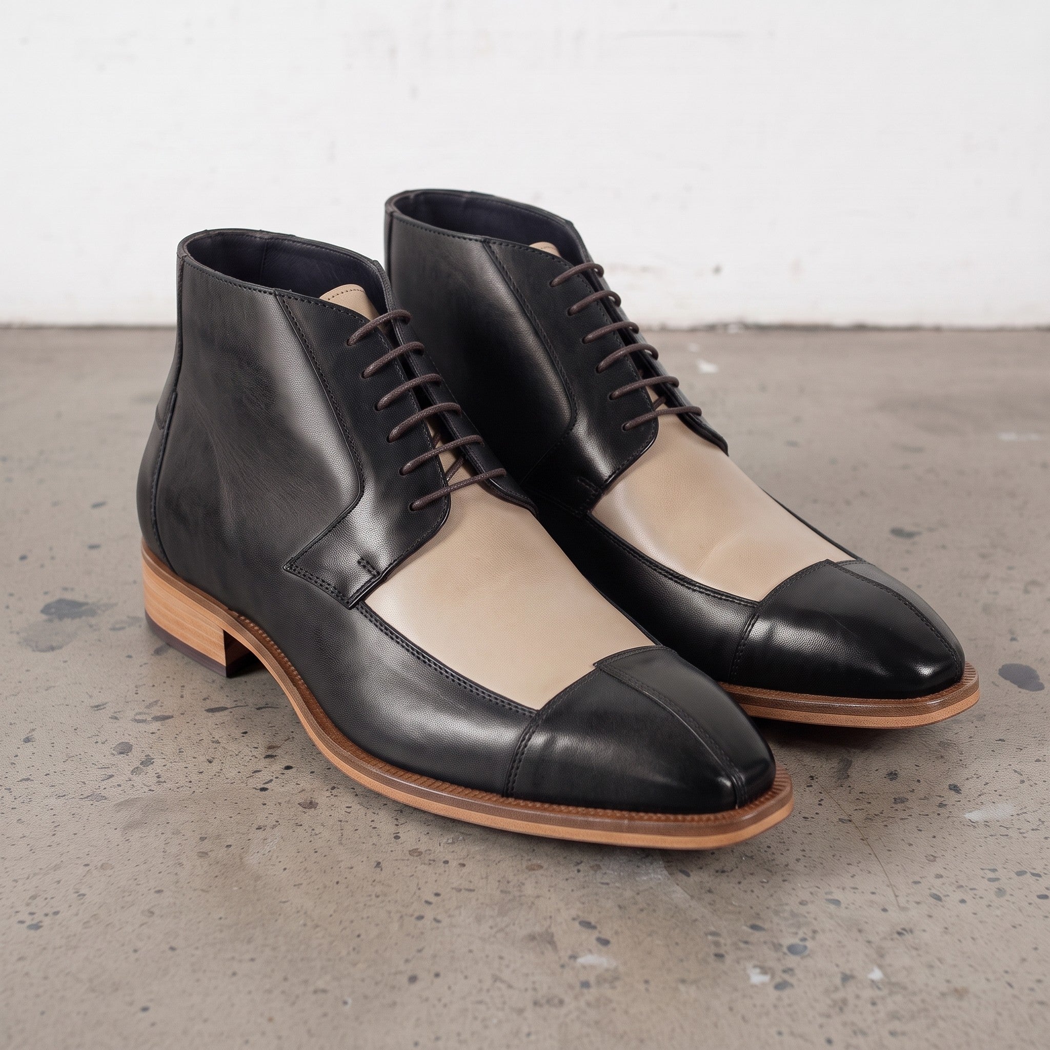 Men's Black and Beige Cap-Toe Leather Derby Boots — Fulton