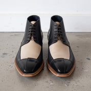Men's Black and Beige Cap-Toe Leather Derby Boots — Fulton
