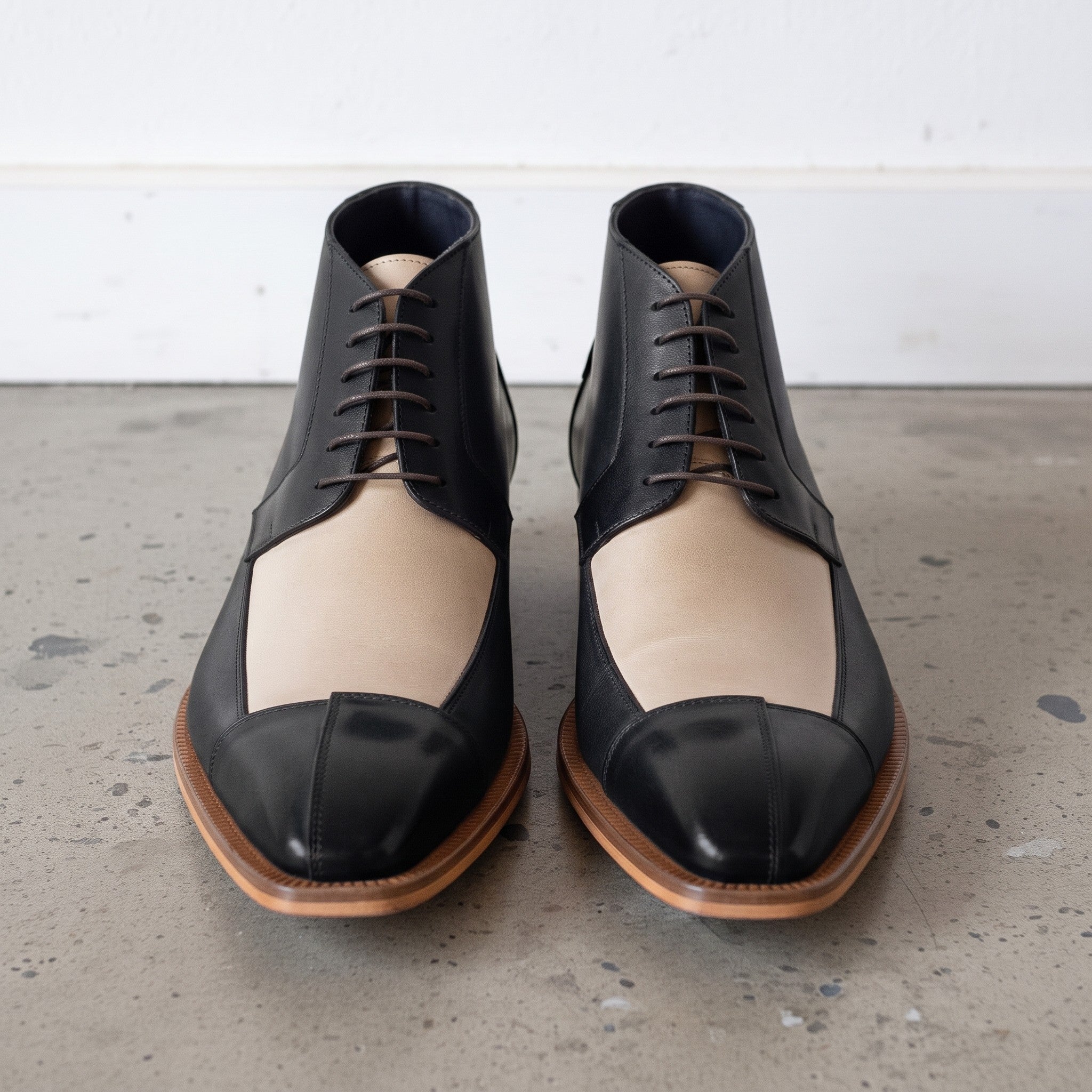 Men's Black and Beige Cap-Toe Leather Derby Boots — Fulton