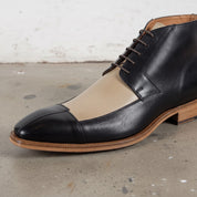 Men's Black and Beige Cap-Toe Leather Derby Boots — Fulton