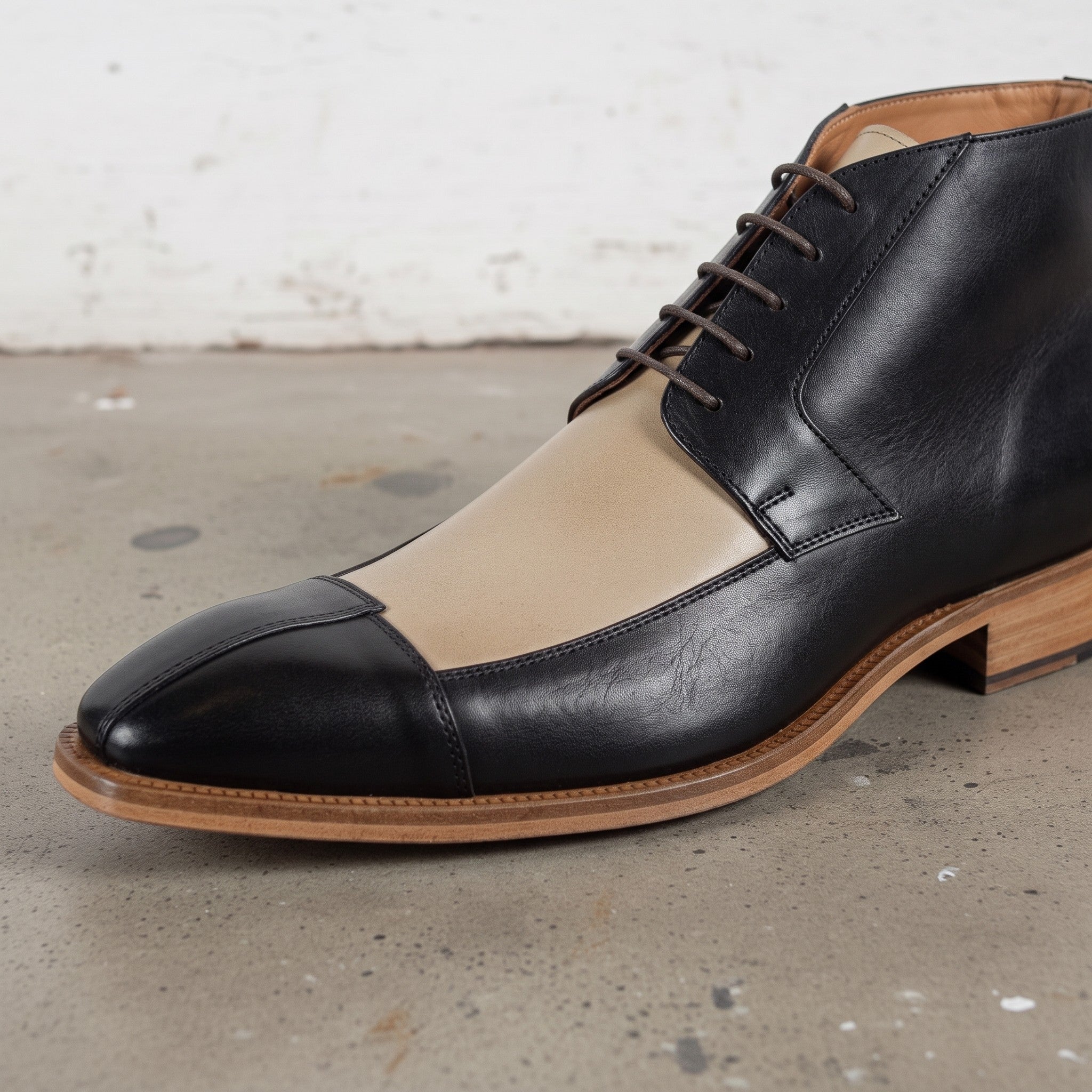 Men's Black and Beige Cap-Toe Leather Derby Boots — Fulton