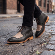 Men's Black and Beige Cap-Toe Leather Derby Boots — Fulton