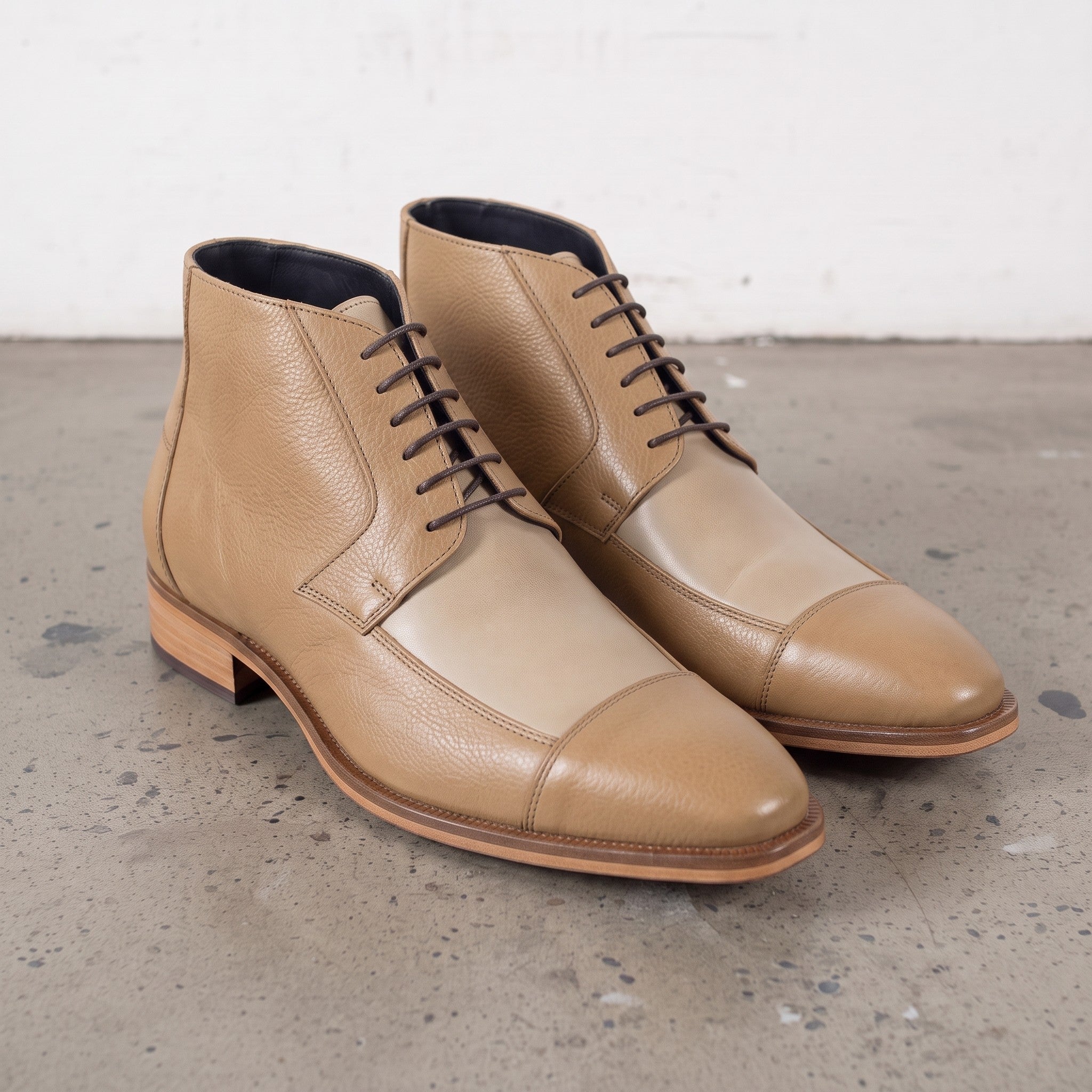 Men's Tan and Beige Cap-Toe Leather Derby Boots — Fulton
