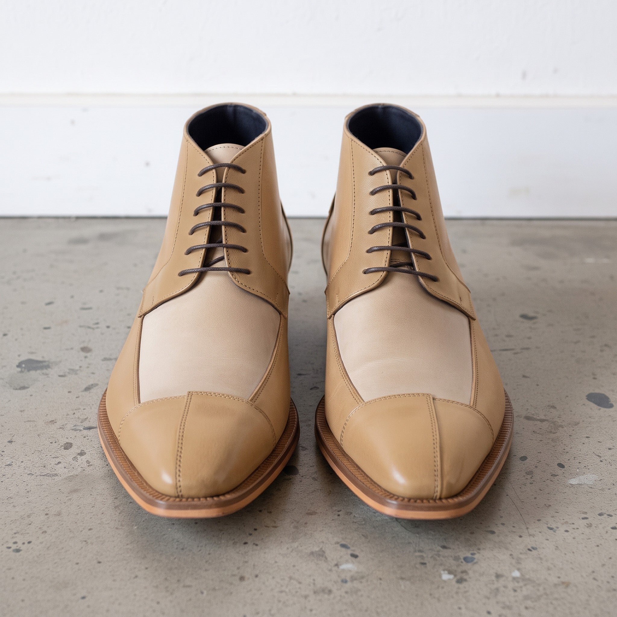 Men's Tan and Beige Cap-Toe Leather Derby Boots — Fulton
