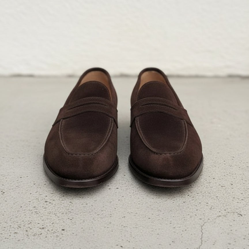 Men's Dark Brown Apron-Toe Suede Penny Loafers — Kington