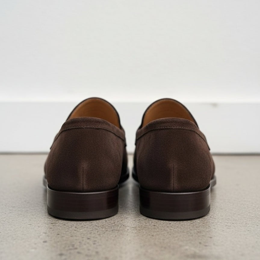 Men's Dark Brown Apron-Toe Suede Penny Loafers — Kington