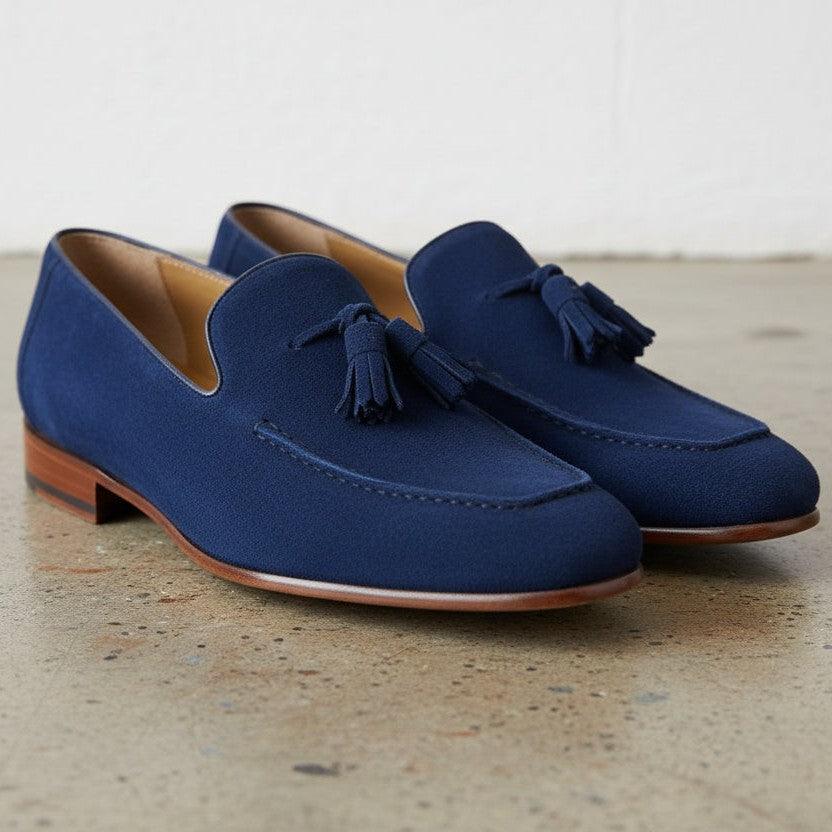 Men's Dark Blue Apron-Toe Suede Tassel Loafers — Chidham