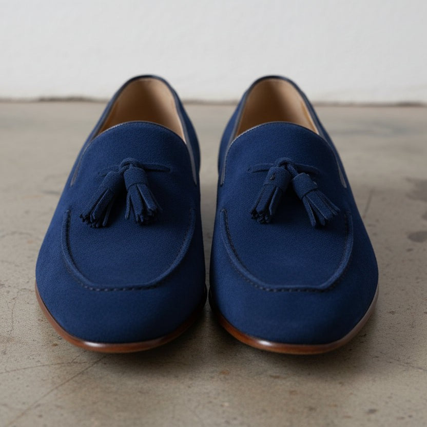 Men's Dark Blue Apron-Toe Suede Tassel Loafers — Chidham