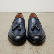 Men's Navy Blue Apron-Toe Leather Tassel Loafers — Bascombe