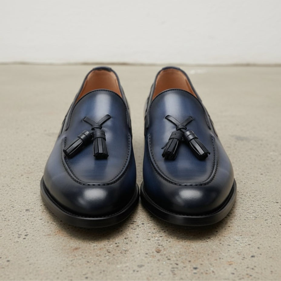 Men's Navy Blue Apron-Toe Leather Tassel Loafers — Bascombe