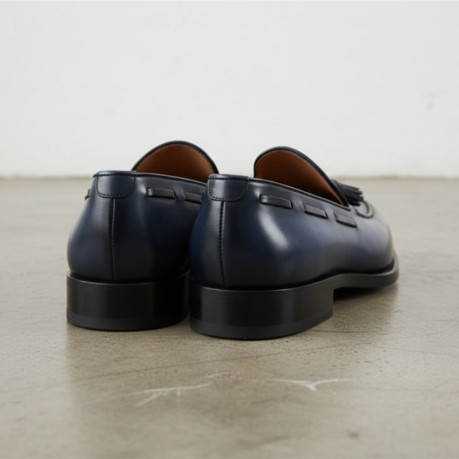 Men's Navy Blue Apron-Toe Leather Tassel Loafers — Bascombe