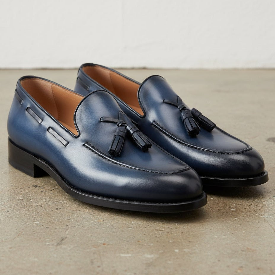 Men's Navy Blue Apron-Toe Leather Tassel Loafers — Bascombe