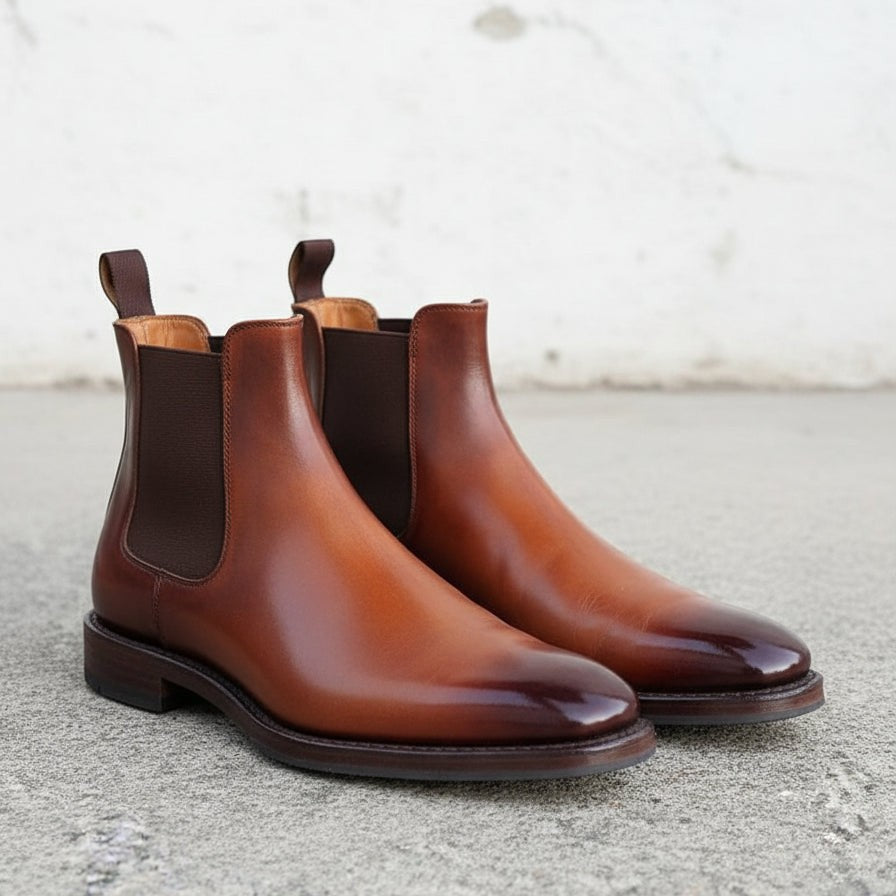 Men's Brown Burnish Plain-Toe Leather Chelsea Boots — Hertford
