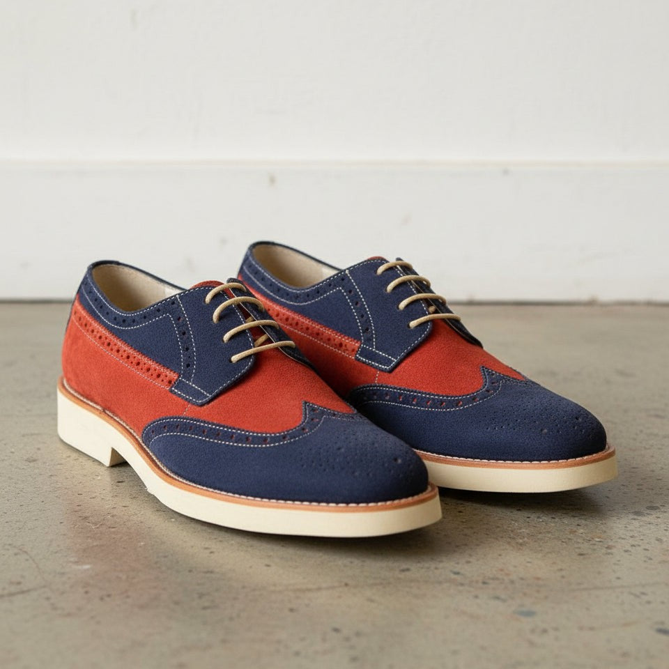 Men's Red and Navy Two-Tone Wingtip Suede Derby Shoes — Goodall