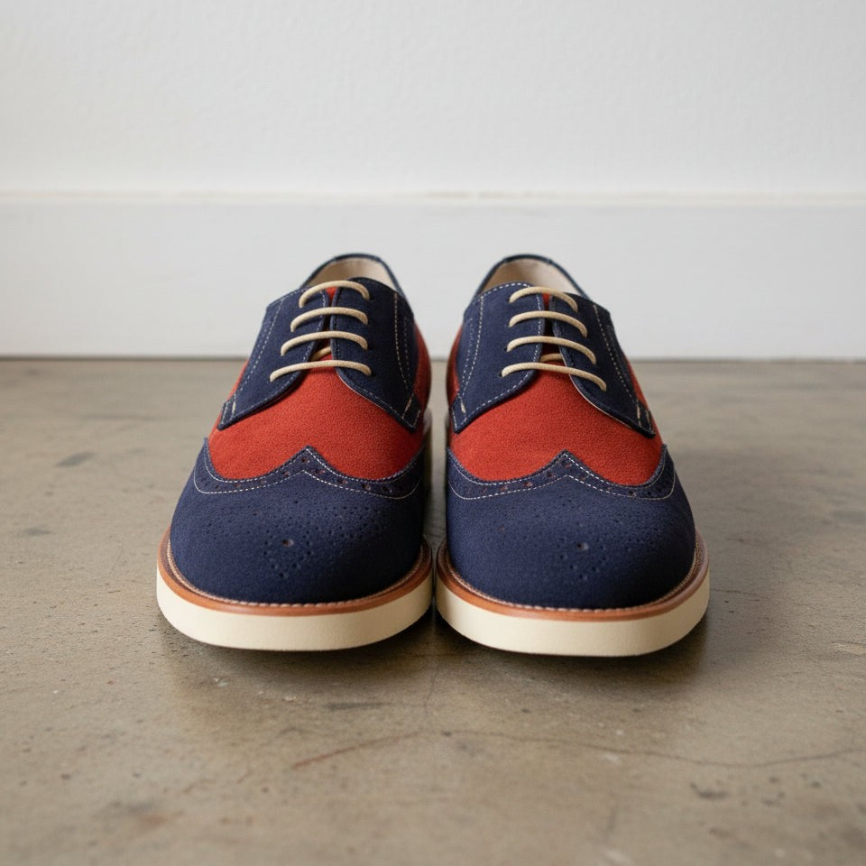 Men's Red and Navy Two-Tone Wingtip Suede Derby Shoes — Goodall
