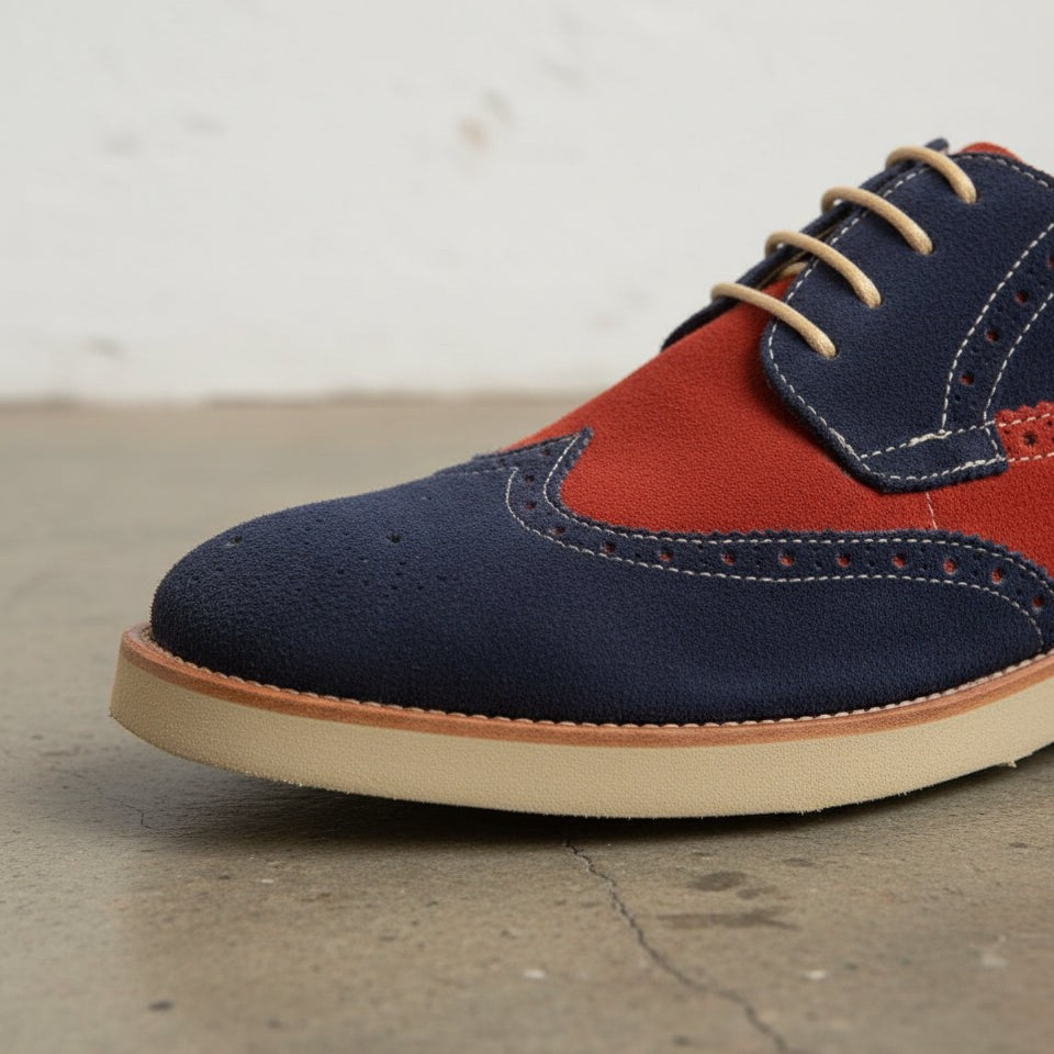 Men's Red and Navy Two-Tone Wingtip Suede Derby Shoes — Goodall