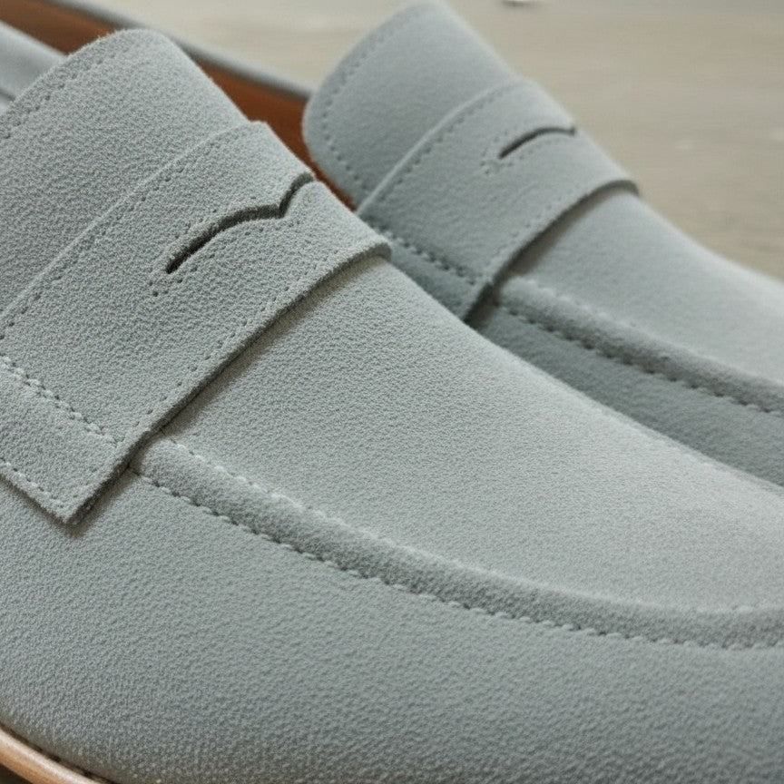 Men's Grey Apron-Toe Suede Penny Loafers — Austerfield
