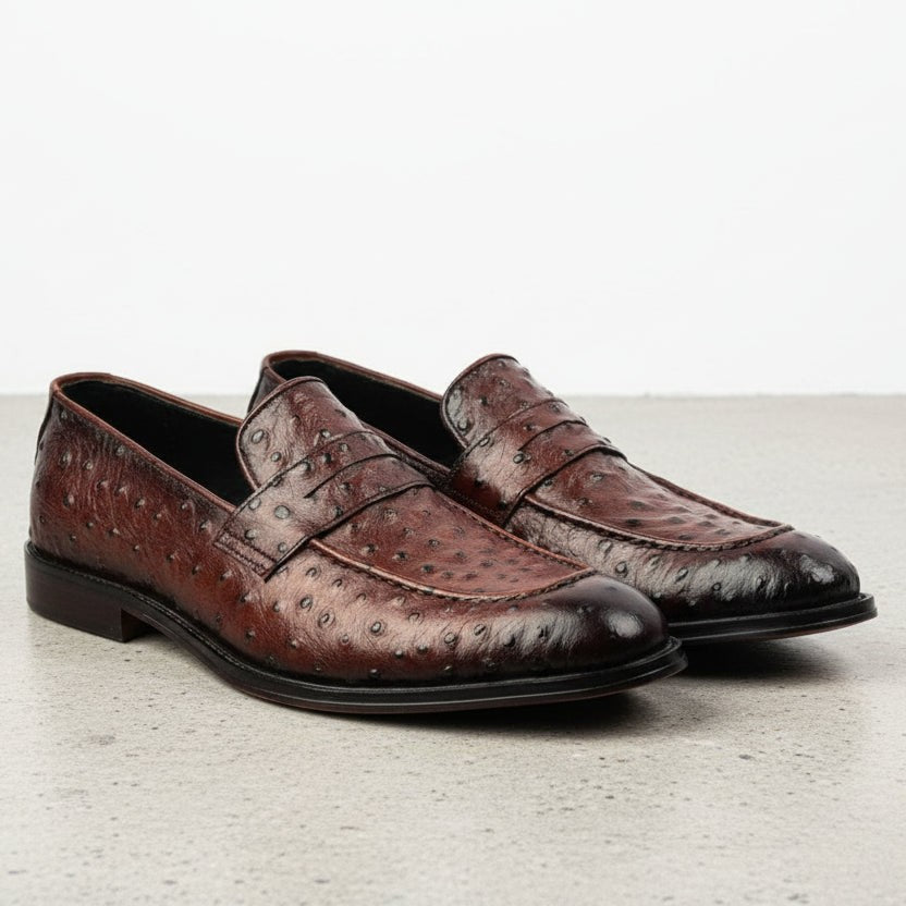Men's Reddish-Brown Crocodile-Embossed Leather Penny Loafers — Brockton