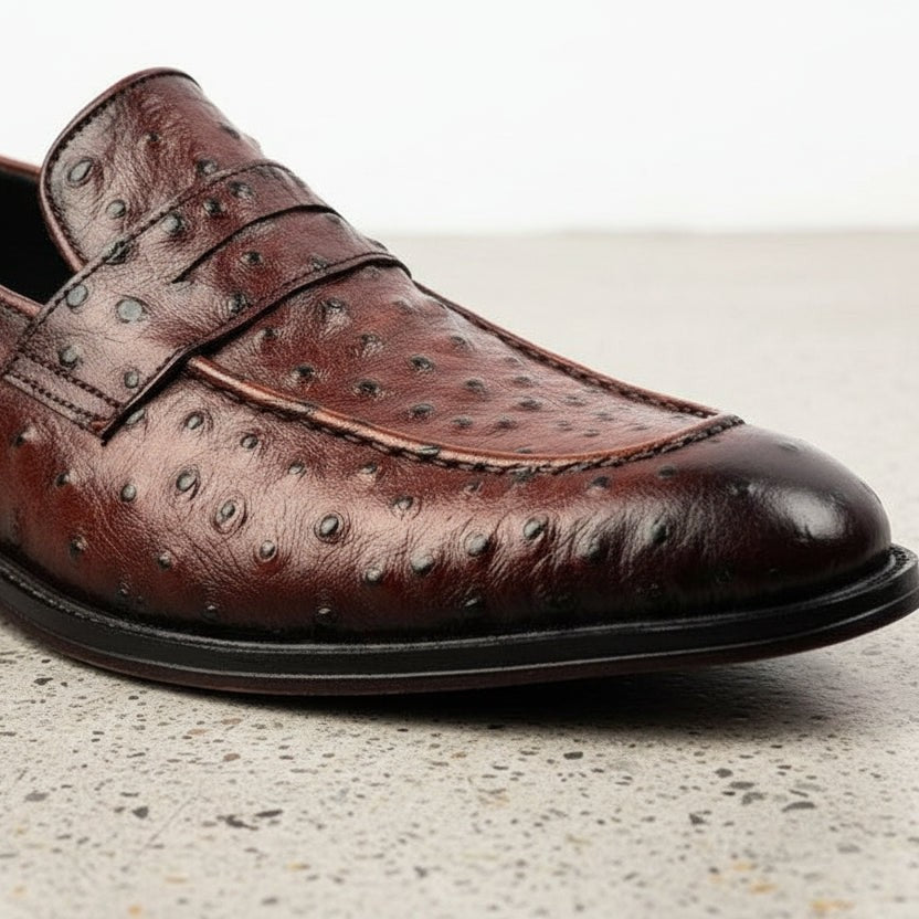 Men's Reddish-Brown Crocodile-Embossed Leather Penny Loafers — Brockton