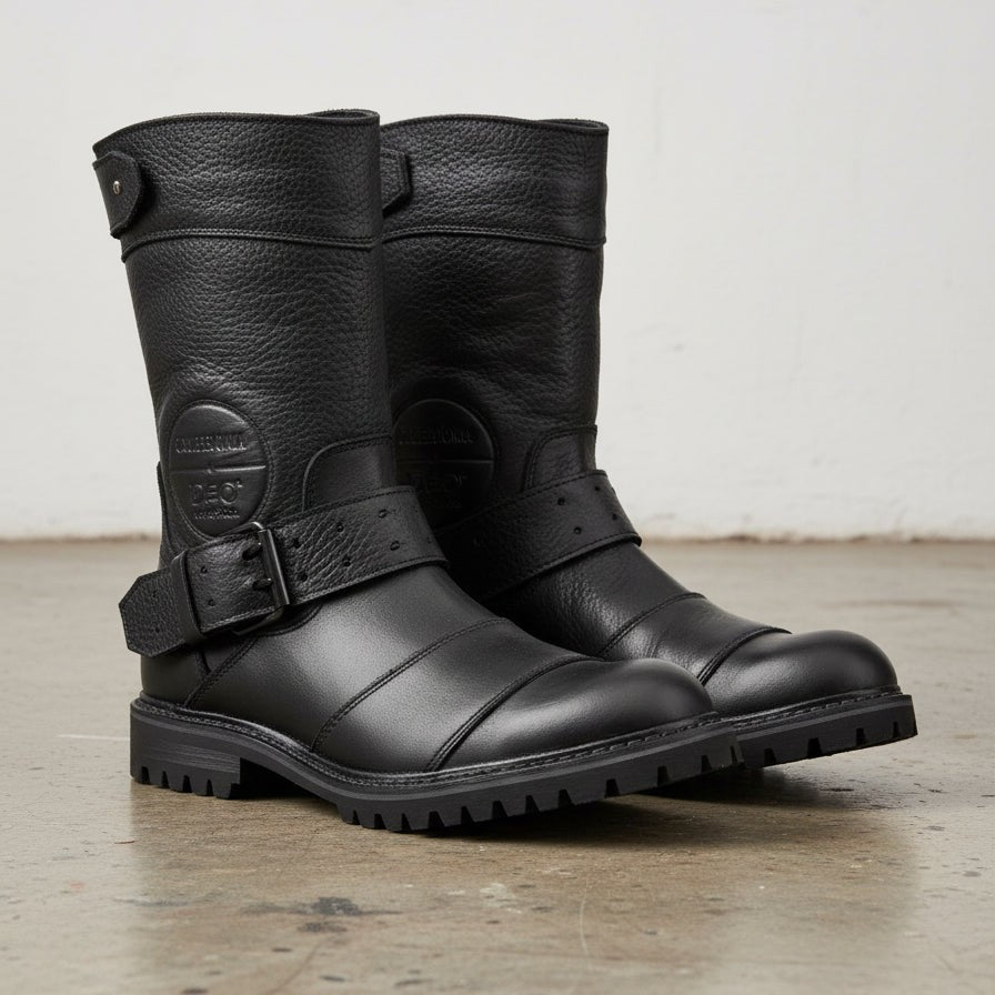 Men's Black Pebbled Leather Plain-Toe Biker Boots — Asfordby