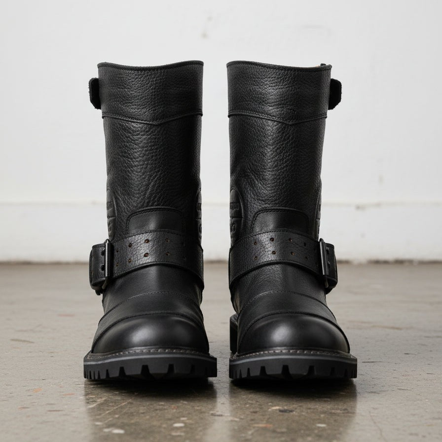 Men's Black Pebbled Leather Plain-Toe Biker Boots — Asfordby