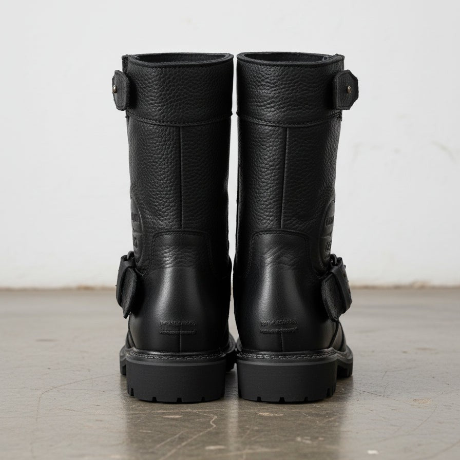 Men's Black Pebbled Leather Plain-Toe Biker Boots — Asfordby