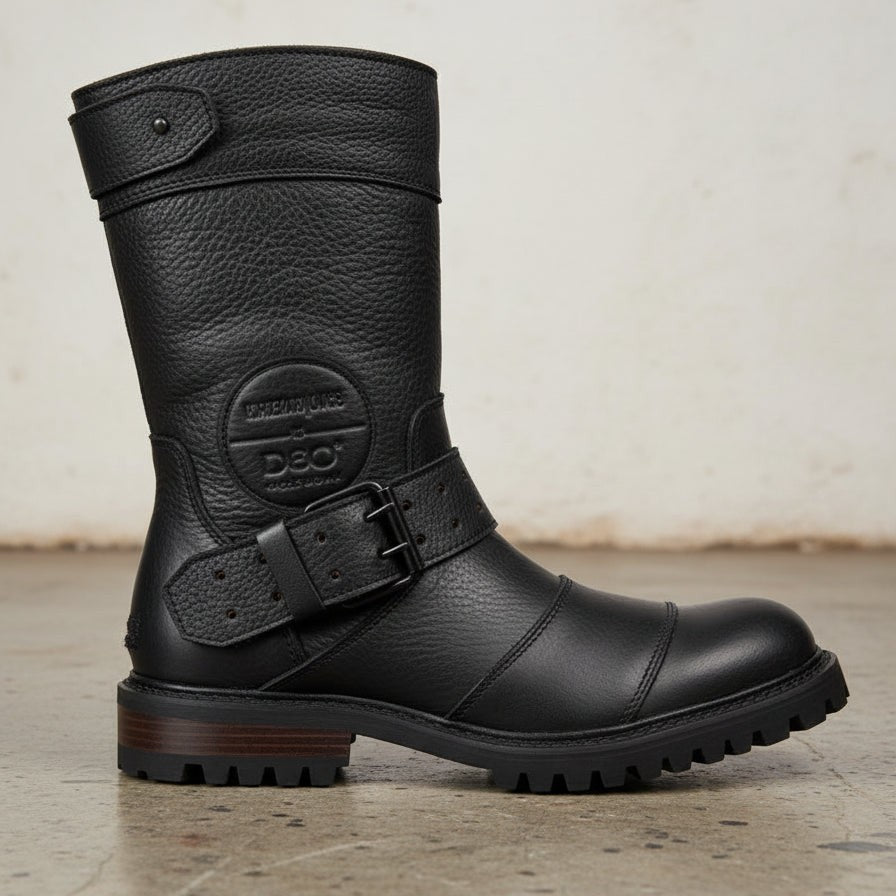 Men's Black Pebbled Leather Plain-Toe Biker Boots — Asfordby