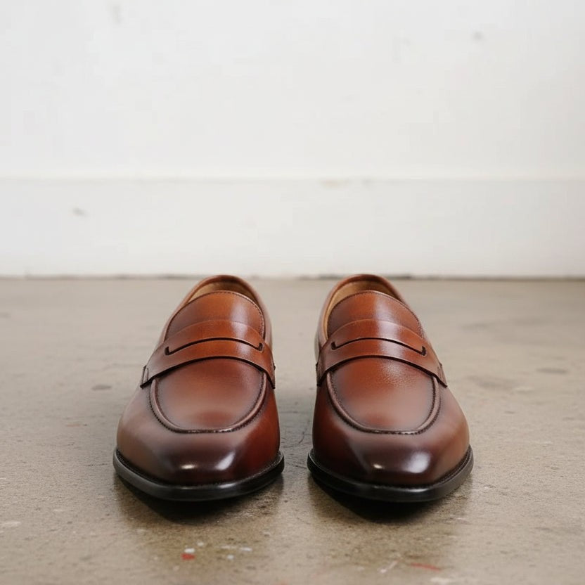 Men's Cognac and Dark Brown Apron-Toe Leather Penny Loafers — Sudbury
