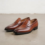 Men's Cognac and Dark Brown Apron-Toe Leather Penny Loafers — Sudbury