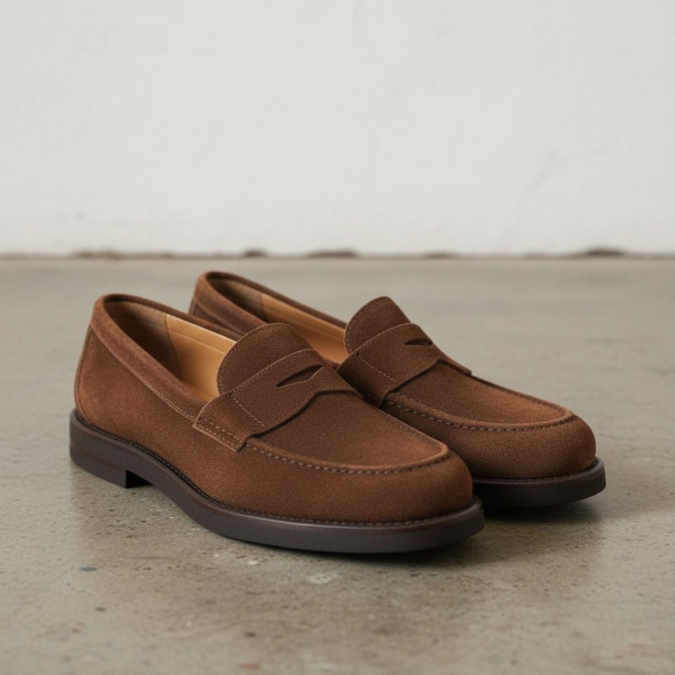 Men's Brown Suede Penny Loafers — Fuller