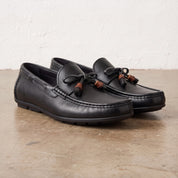 Men's Black Apron-Toe Leather Tassel Loafers — Birtley