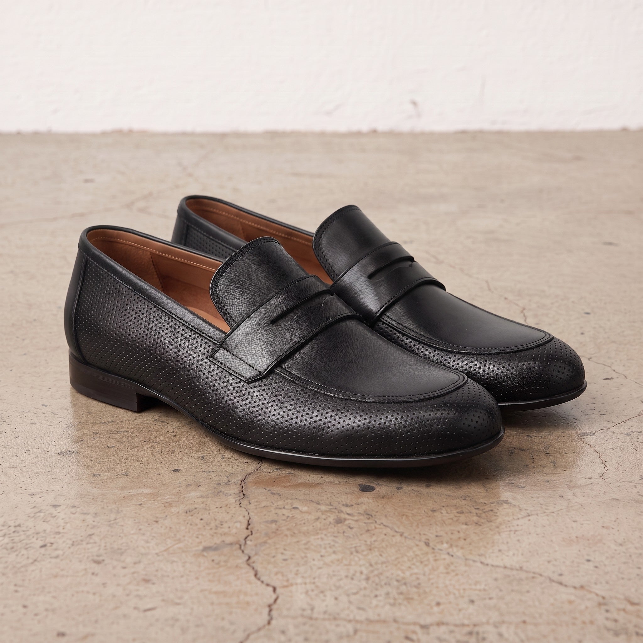 Men's Black Perforated Leather Penny Loafers — Warwick