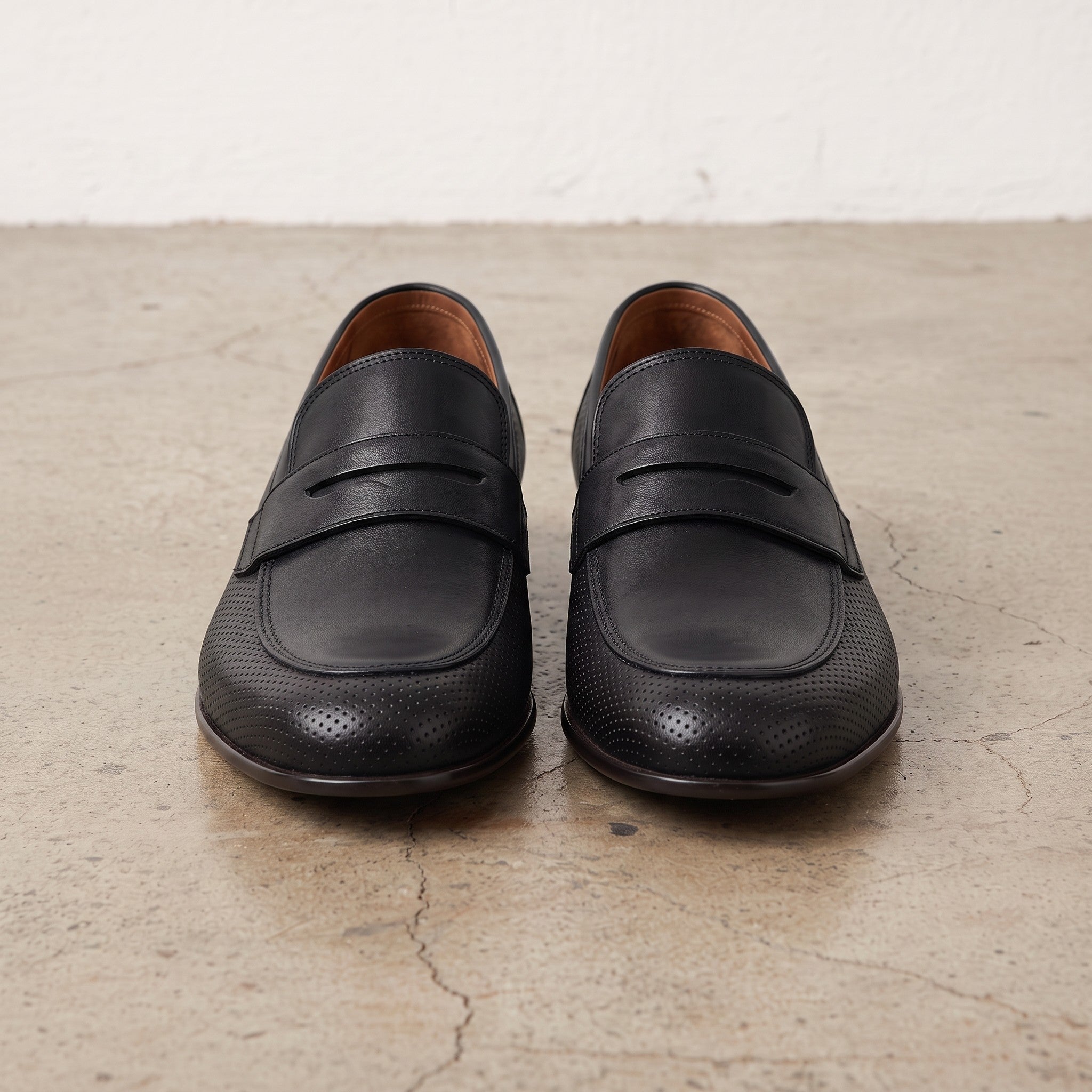 Men's Black Perforated Leather Penny Loafers — Warwick