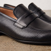 Men's Black Perforated Leather Penny Loafers — Warwick
