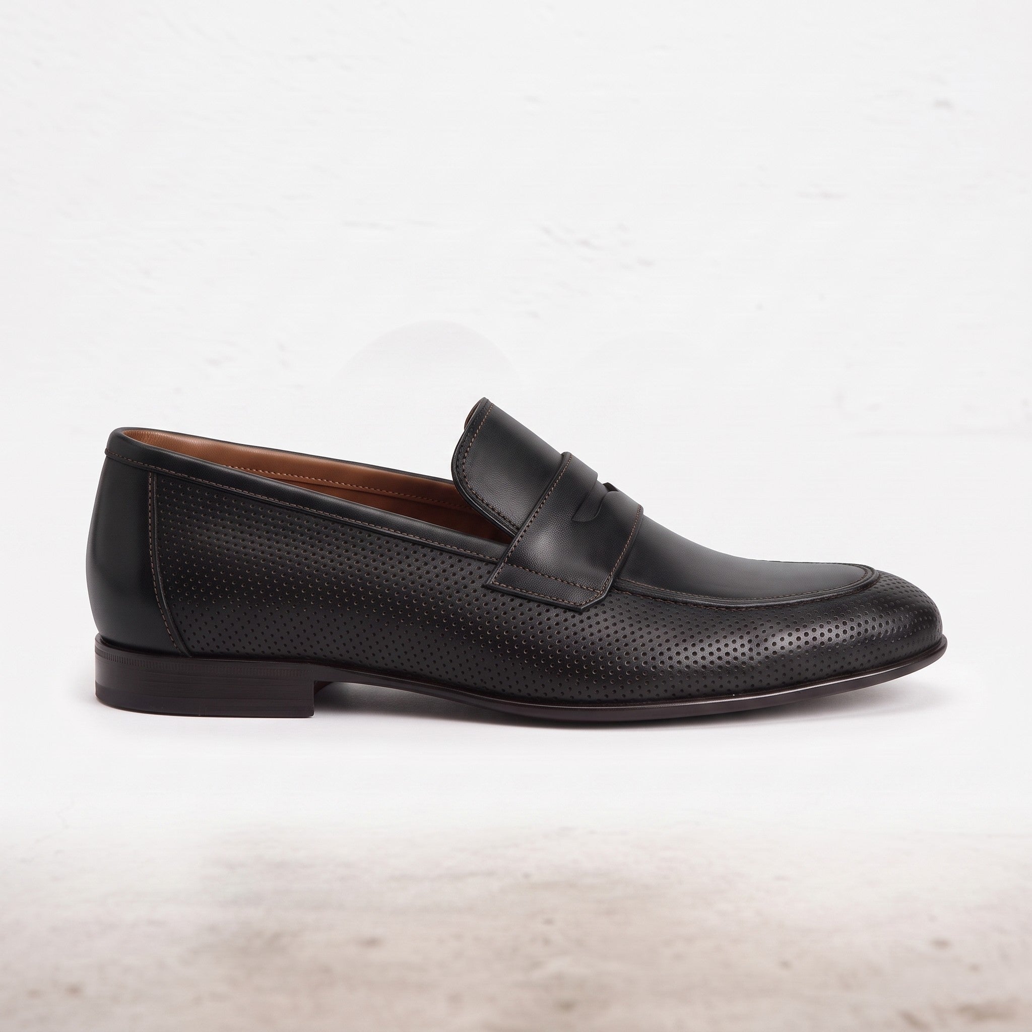 Men's Black Perforated Leather Penny Loafers — Warwick