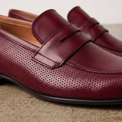 Men's Burgundy Perforated Leather Penny Loafers — Warwick