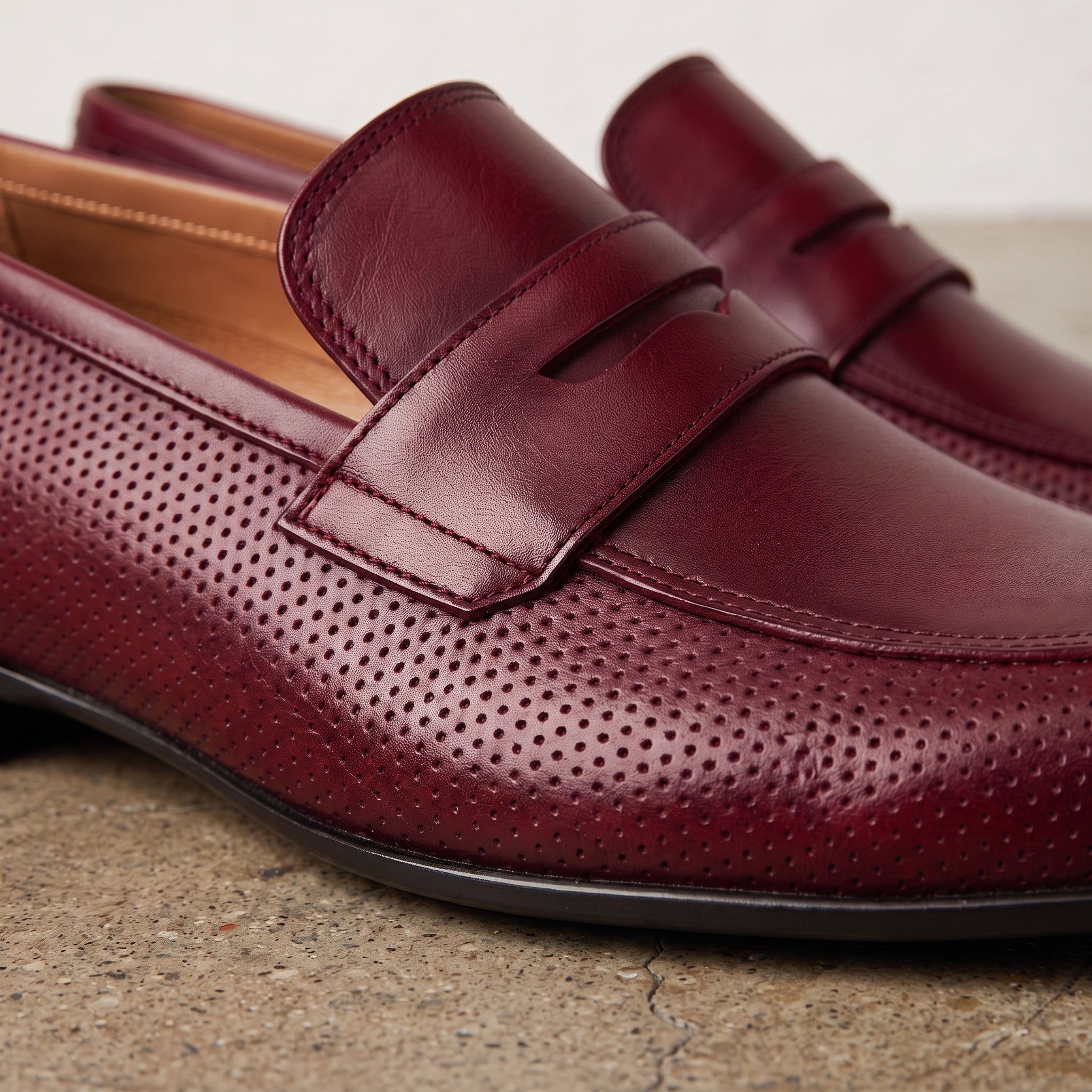 Men's Burgundy Perforated Leather Penny Loafers — Warwick