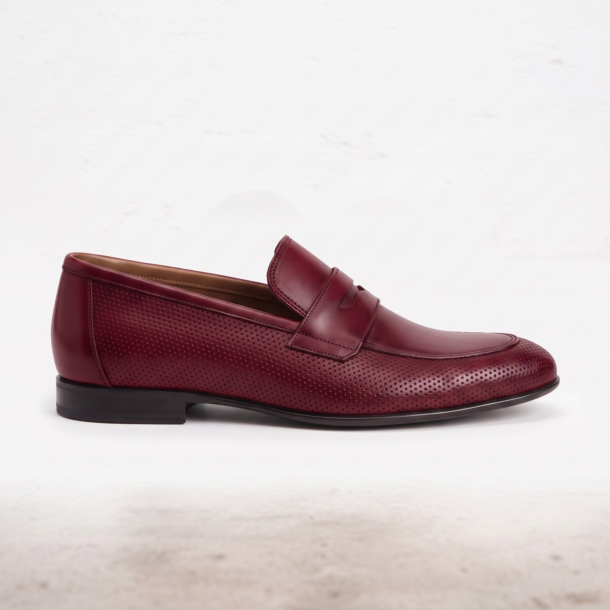 Men's Burgundy Perforated Leather Penny Loafers — Warwick