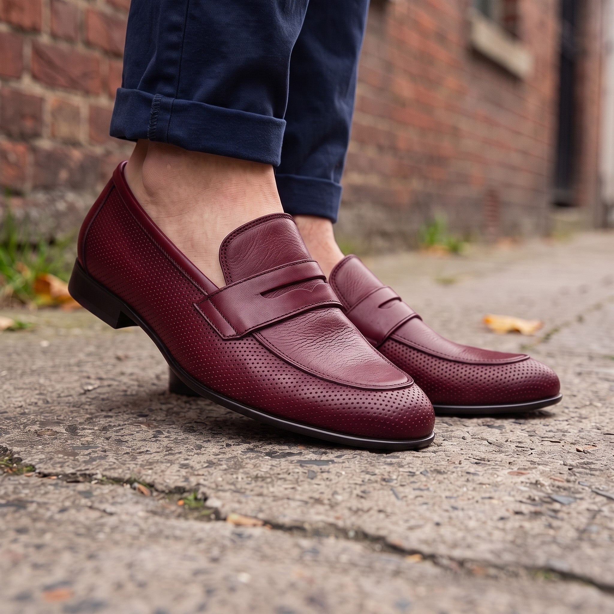 Men's Burgundy Perforated Leather Penny Loafers — Warwick