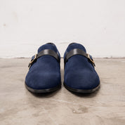 Men's Navy Blue Plain-Toe Suede Monk Strap Shoes — Goddard